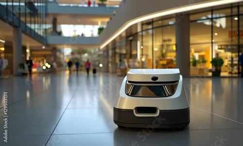 A sleek, modern robot navigates a spacious shopping mall, showcasing advanced technology in a vibrant retail environment.