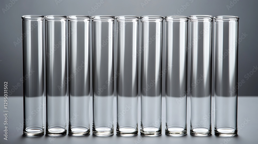 Eight Empty Cylindrical Glasses in a Row on a Gray Background Eight Empty Cylindrical Glasses in a Row on a Gray Background