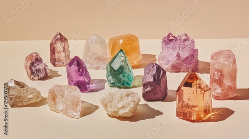 Colorful Gemstones and Crystals Displayed on Soft Background
