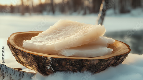Traditional Norwegian lutefisk on birch bark plate photo