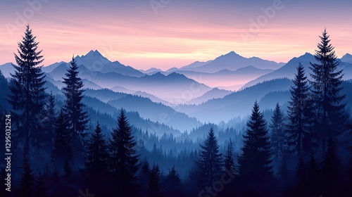 Serene Mountain Landscape at Dusk with Layers of Trees and Soft Pastel Sky