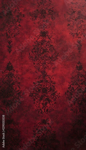 Red vintage wallpaper with dark ornate damask patterns