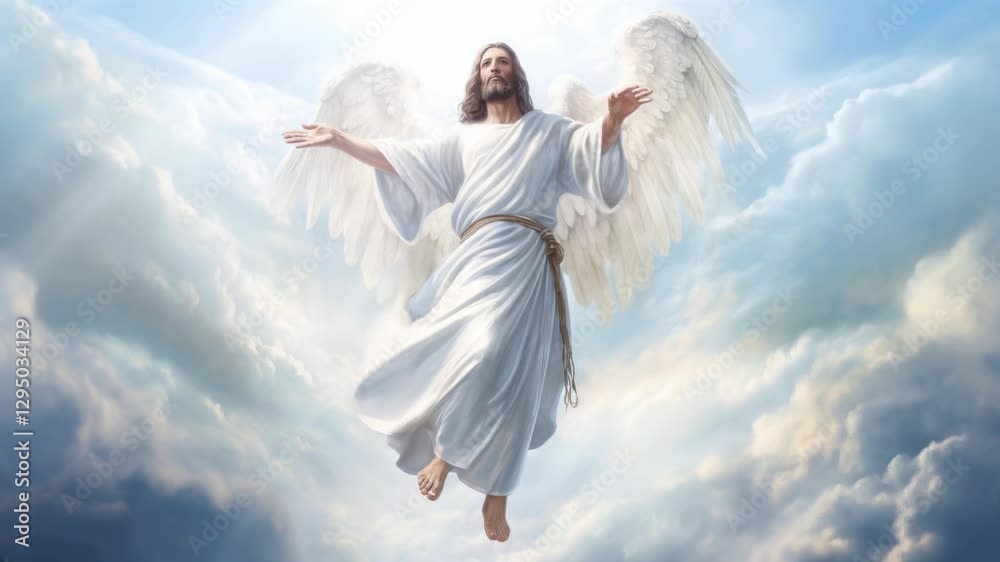 A serene depiction of an angelic Jesus figure ascending through clouds, evoking peace and divinity. The style is ethereal. Slow motion video. A serene depiction of an angelic Jesus figure ascending through clouds, evoking peace and divinity. The style is ethereal. Slow motion video.