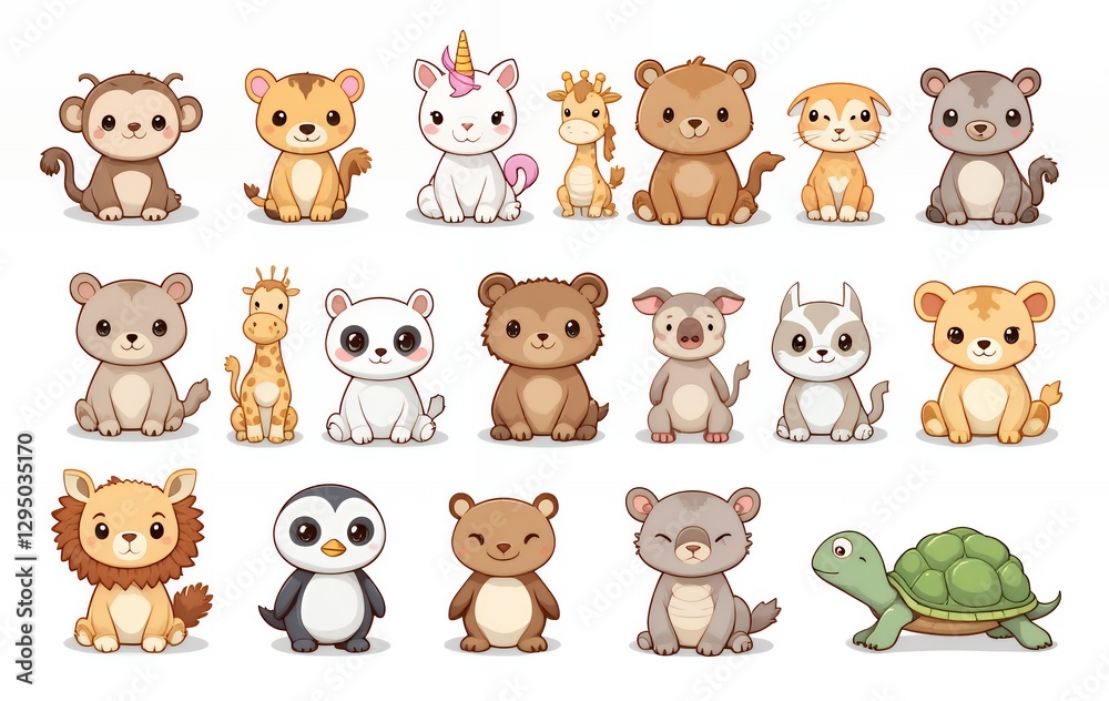 Fototapeta premium Cute Cartoon Animals Illustration Featuring Monkey Lion Unicorn Giraffe and More