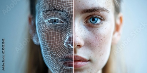 Realistic deepfake face morphing between human and AI-generated digital avatar, synthetic media technology concept, sci-fi aesthetic