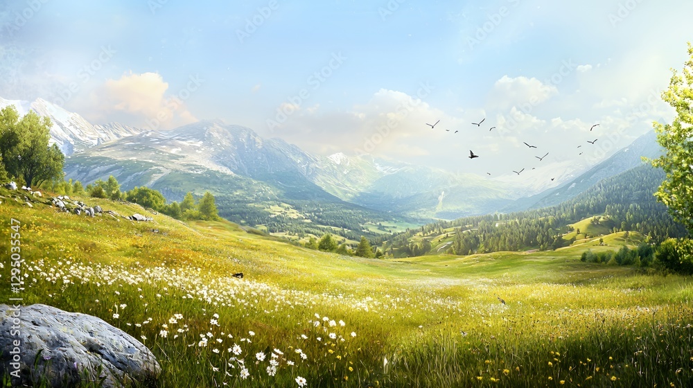 Fototapeta premium Serene Alpine Meadow Landscape with White Flowers and Butterflies