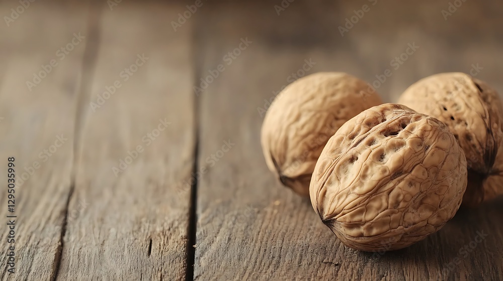 Three Walnuts on Rustic Wooden Surface Three Walnuts on Rustic Wooden Surface