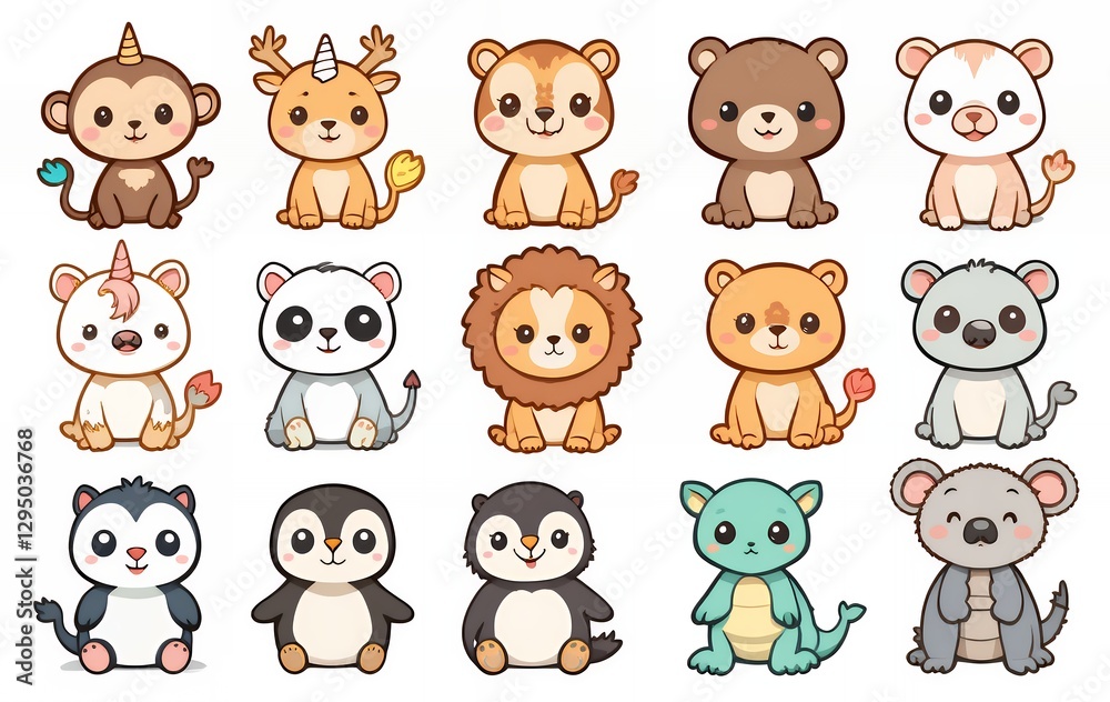 Fototapeta premium Cute Cartoon Animal Collection Illustration with Monkey Lion Panda and More