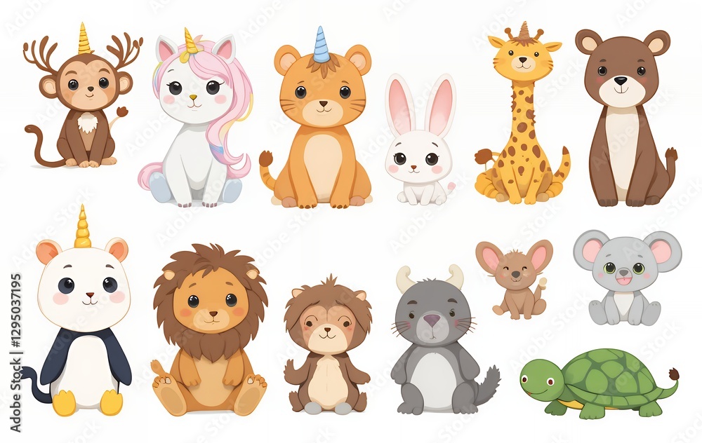 Obraz premium Cartoon Animals Collection Sitting Cute Unicorn Monkey Lion Bear Giraffe