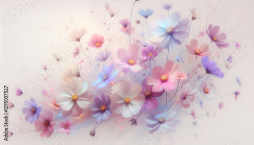 A hologram of soft pink, lavender and light yellow flowers in full bloom, the flowers blending together and swaying naturally