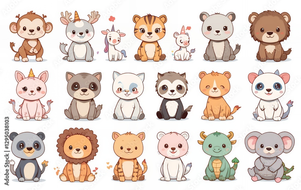 Cartoon Animal Characters Sitting Collection Cute Monkey Bear Tiger Dragon Cartoon Animal Characters Sitting Collection Cute Monkey Bear Tiger Dragon