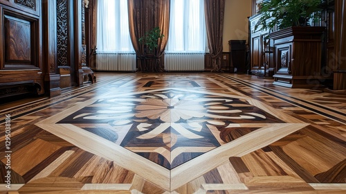 Elegant Wooden Inlay Pattern with Contrasting Wood Tones in Interior