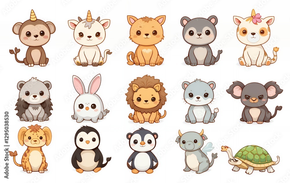 Fototapeta premium Cute Cartoon Animal Collection Featuring Monkey, Unicorn, Lion and More
