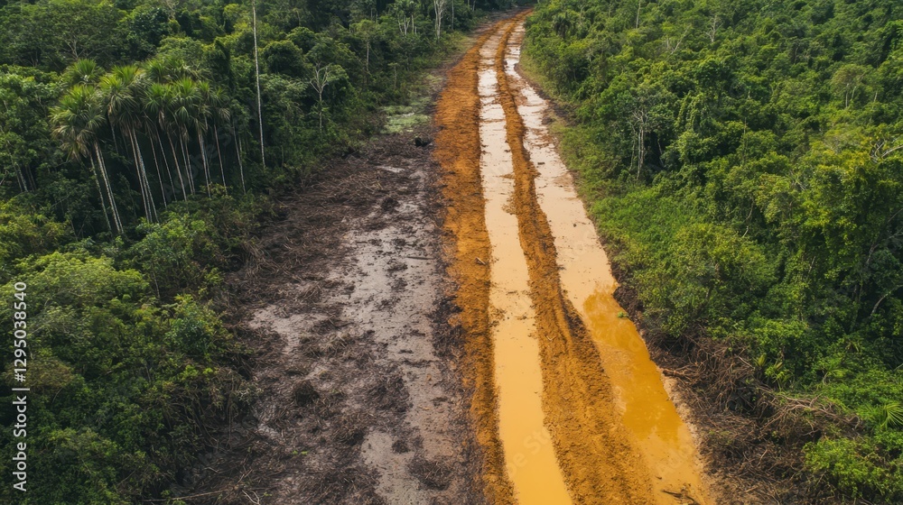 Environmentally disturbed landscape shows muddy road cutting through dense tropical rainforest in a clearing with visible deforestation signs during daylight Environmentally disturbed landscape shows muddy road cutting through dense tropical rainforest in a clearing with visible deforestation signs during daylight