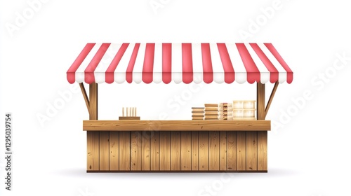 Wooden market stall with striped awning, selling pastries, white background; ideal for food business advertising