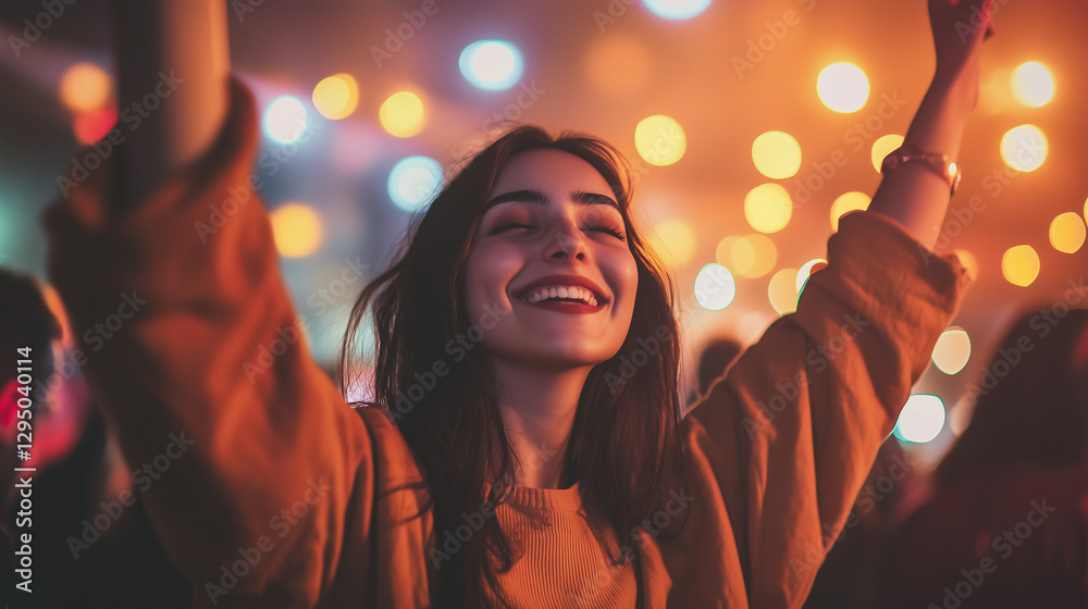 Fototapeta premium joyful young woman dancing at party with colorful lights 