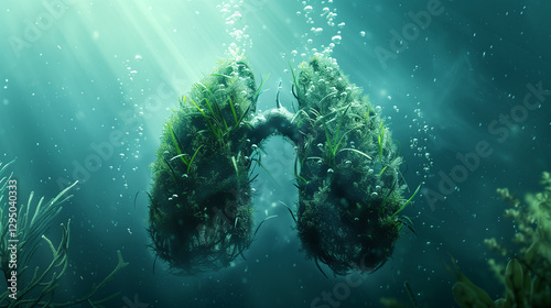 artwork of a giant pair of lungs made from vibrant green seagrass, floating in the deep ocean