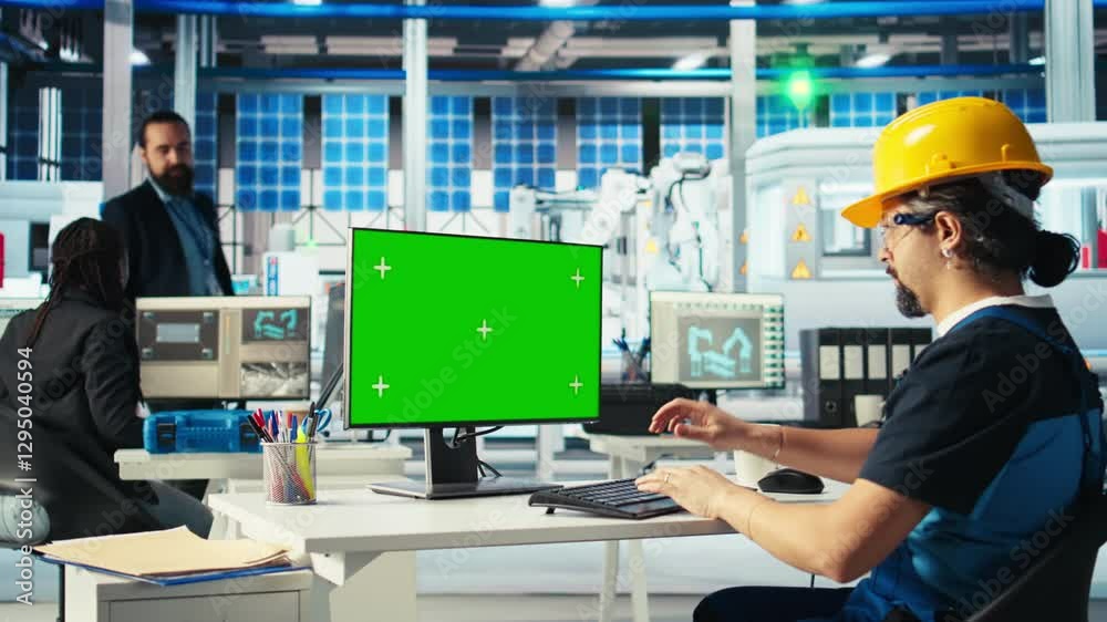 Engineer in solar panels plant using CAD software on mockup PC to optimize layouts. Photovoltaics factory worker using green screen computer to do arrangements for maximum energy output, camera A Engineer in solar panels plant using CAD software on mockup PC to optimize layouts. Photovoltaics factory worker using green screen computer to do arrangements for maximum energy output, camera A