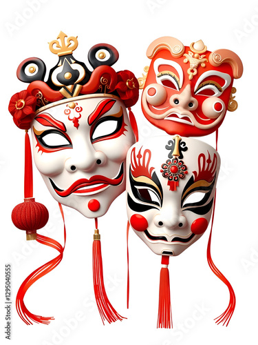 Opera Masks in Red, Black, and White, Chinese New Year Festival, Isolated on White, PNG File, Transparent Background