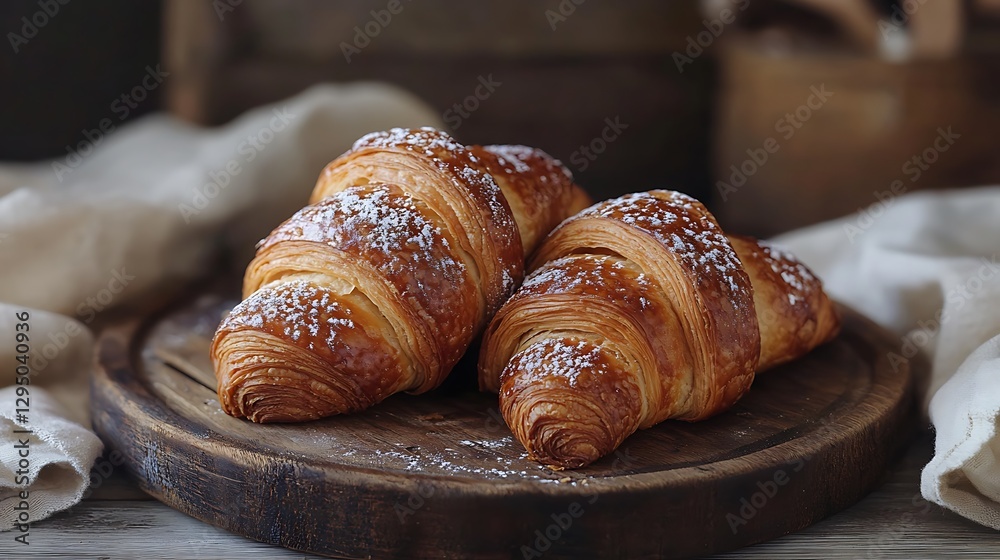 Delicious Golden Brown Croissants on Wooden Board Delicious Golden Brown Croissants on Wooden Board