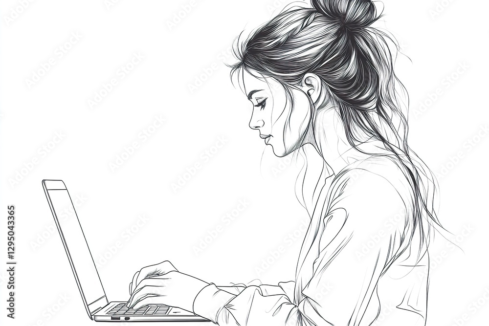 Woman with Bun Works on Laptop Computer Woman with Bun Works on Laptop Computer