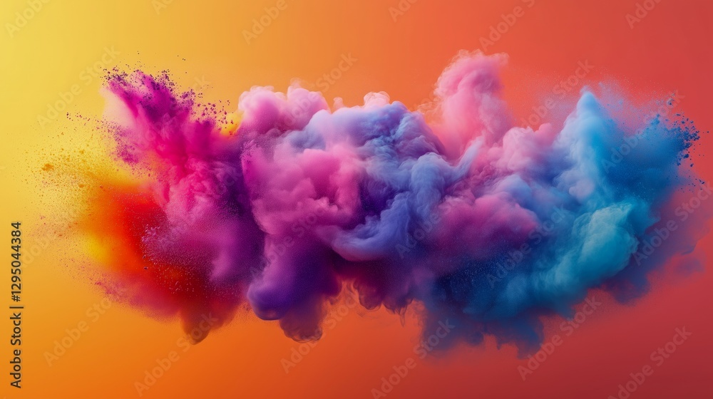 Fototapeta premium A dynamic cloud of multicolored Holi powder exploding in mid-air against a warm gradient background.