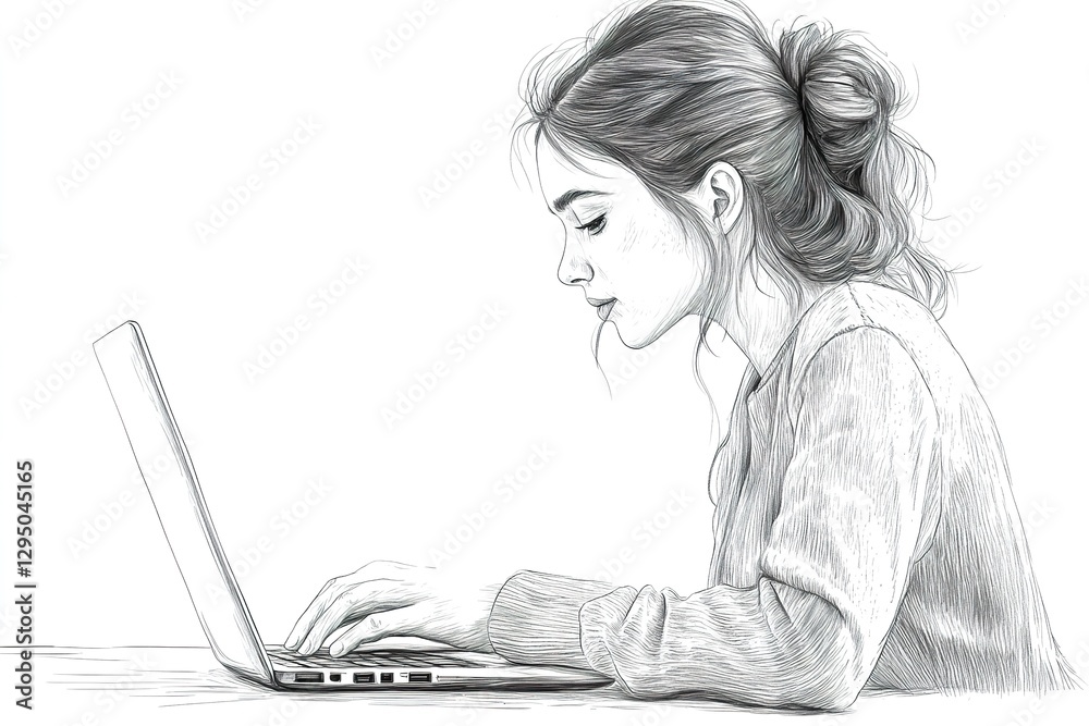 Woman Working on Laptop Pen Sketch Drawing Woman Working on Laptop Pen Sketch Drawing