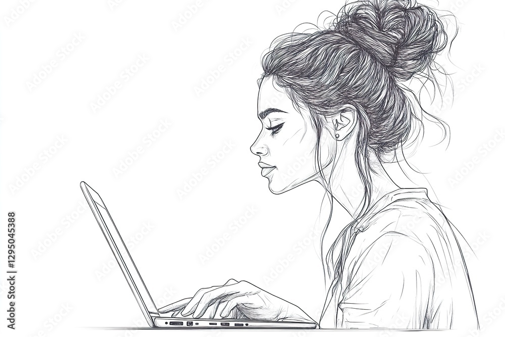 Woman with bun working on laptop sketch Woman with bun working on laptop sketch