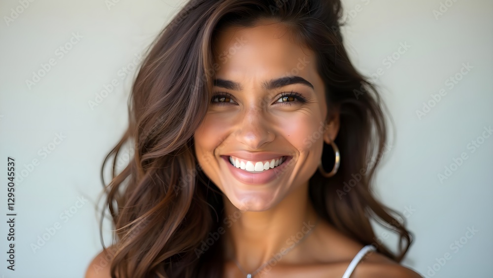 Fototapeta premium Confident Woman with Wavy Brown Hair and Natural Smile in Headshot