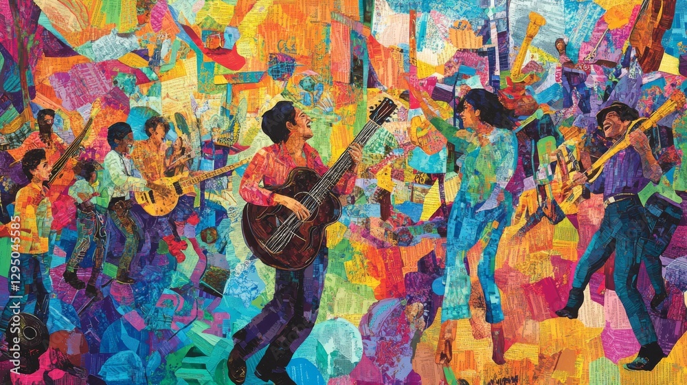 Vibrant mural depicting musicians playing instruments in a lively street festival scene Vibrant mural depicting musicians playing instruments in a lively street festival scene