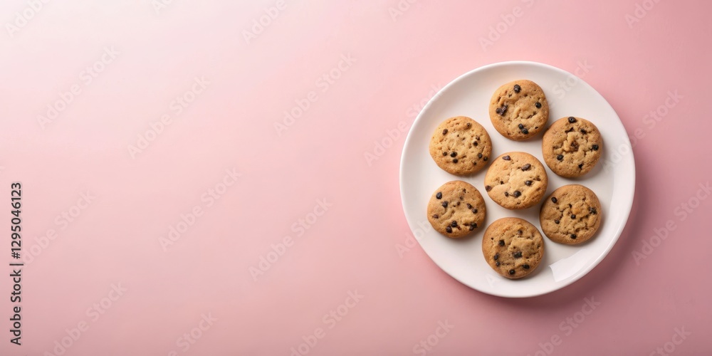 Obraz premium A plate of freshly baked chocolate chip cookies on a pink background, perfect for a sweet treat or a delightful snack