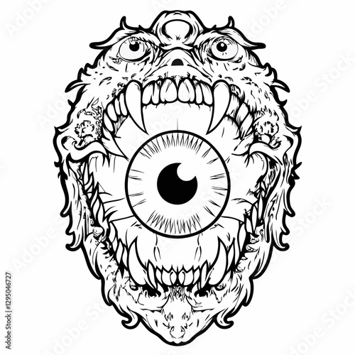 Surreal Monster Face with a Single Eye, Sharp Fangs, and Floral Elements in Black and White – Gothic Horror Illustration