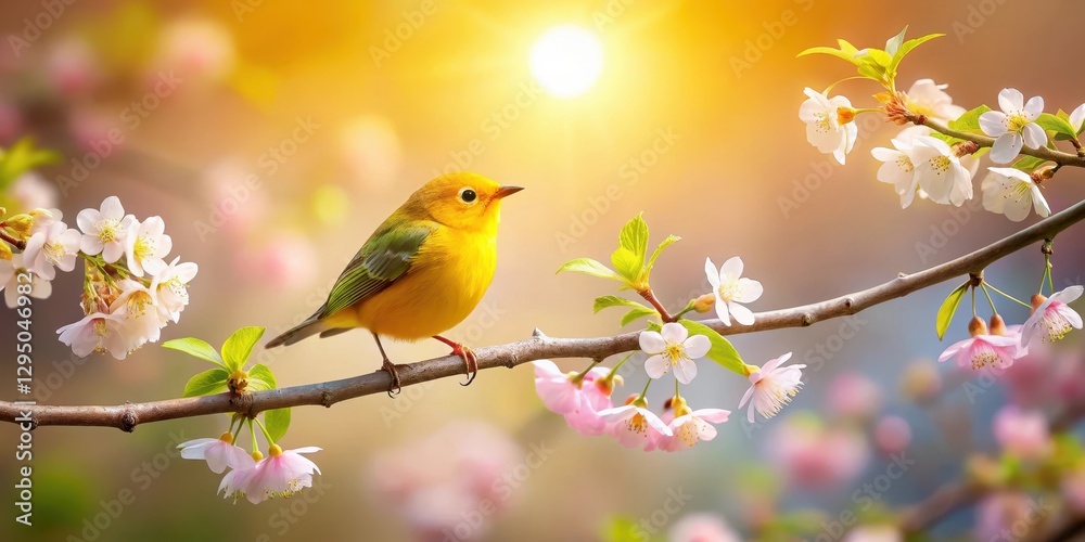 A vibrant yellow songbird perched gracefully on a blossoming branch, bathed in the warm glow of the setting sun, amidst a profusion of delicate pink and white flowers. A vibrant yellow songbird perched gracefully on a blossoming branch, bathed in the warm glow of the setting sun, amidst a profusion of delicate pink and white flowers.