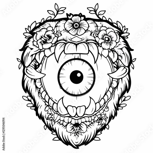 Surreal Monster Face with a Single Eye, Sharp Fangs, and Floral Elements in Black and White – Gothic Horror Illustration