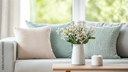 Spring Theme, cozy living room with soft pillows and vase of flowers, inviting warmth