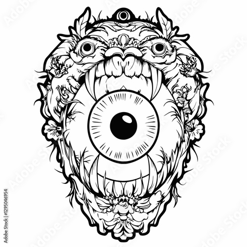 Surreal Monster Face with a Single Eye, Sharp Fangs, and Floral Elements in Black and White – Gothic Horror Illustration