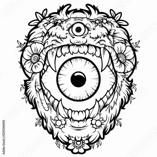 Surreal Monster Face with a Single Eye, Sharp Fangs, and Floral Elements in Black and White – Gothic Horror Illustration