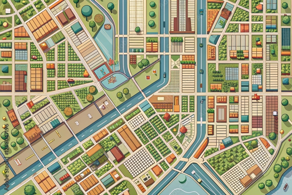 Obraz premium Aerial View of a Suburban Community Featuring Diverse Residential and Commercial Zones, Parks, and Waterways