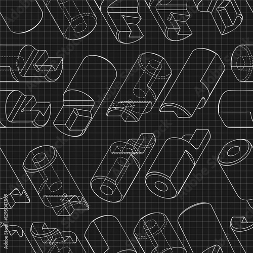 Mechanical engineering drawings on black background. Cutter, assembly tool with replaceable multi-faceted plate. Technical Design. Cover. Blueprint. Vector illustration. Seamless pattern.