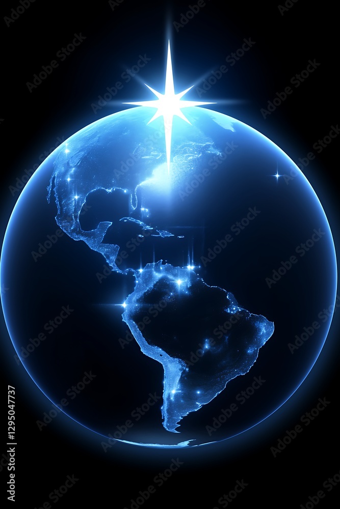 Fototapeta premium World globe, glowing, illuminated, stars, night