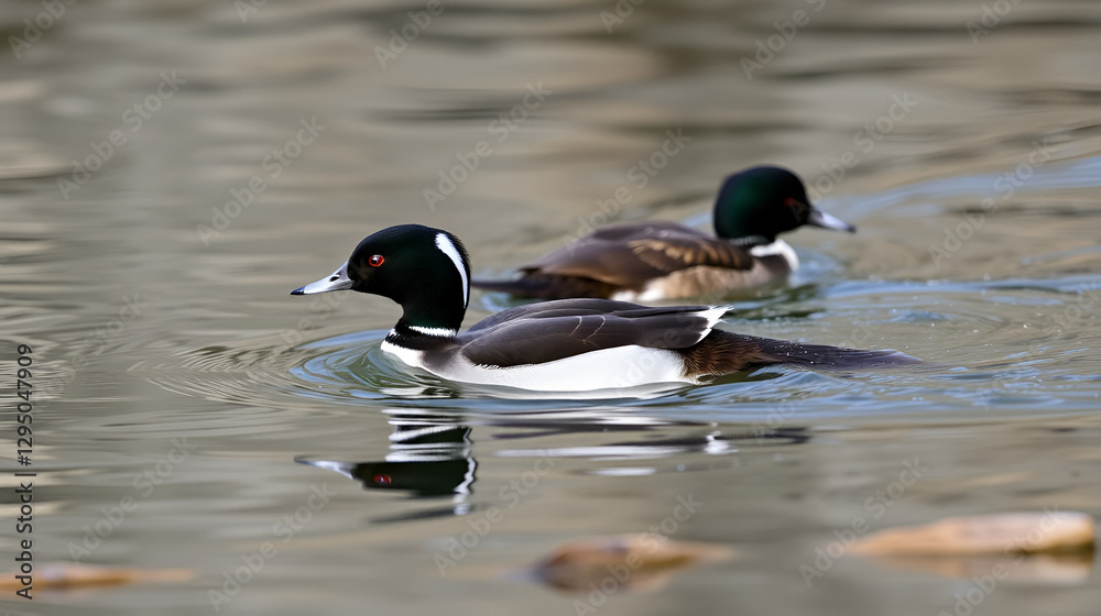 female bufflehead suck swims in the icy cold river in her overwinter non breeding location in the eastern coastal US, with a male following. behind her female bufflehead suck swims in the icy cold river in her overwinter non breeding location in the eastern coastal US, with a male following. behind her