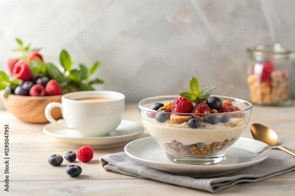 Delightful Breakfast Parfait with Berries and Granola in a Glass Bowl Beside a Cup of Coffee on a Light Wooden Table Delightful Breakfast Parfait with Berries and Granola in a Glass Bowl Beside a Cup of Coffee on a Light Wooden Table