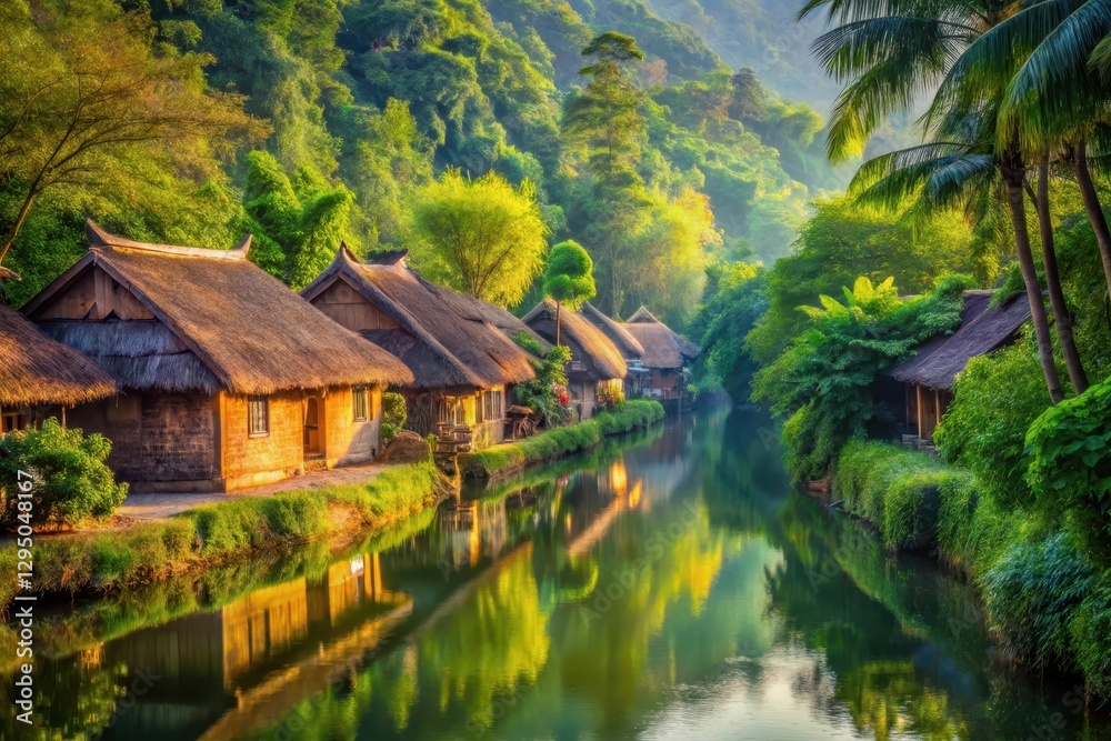 Serene River Village at Sunrise Thatched Roof Houses Reflecting in Calm Waters, Lush Tropical Foliage Serene River Village at Sunrise Thatched Roof Houses Reflecting in Calm Waters, Lush Tropical Foliage