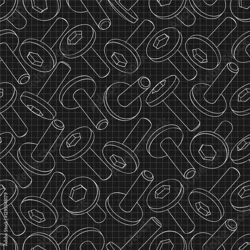Mechanical engineering drawings on black background. Cutter, assembly tool with replaceable multi-faceted plate. Technical Design. Cover. Blueprint. Vector illustration. Seamless pattern.
