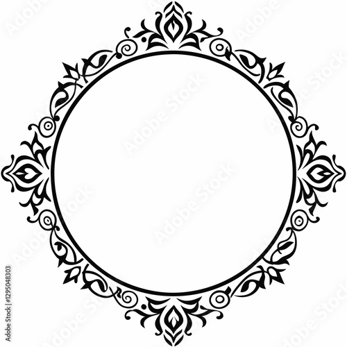 Elegant Circular Ornate Frame with Vintage Floral and Baroque Decorations in Black and White for Classic Design