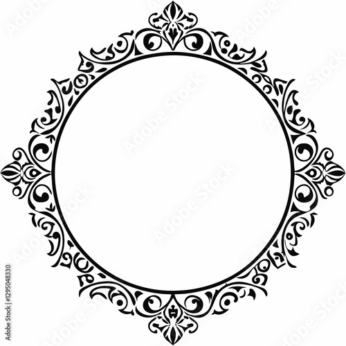 Elegant Circular Ornate Frame with Vintage Floral and Baroque Decorations in Black and White for Classic Design