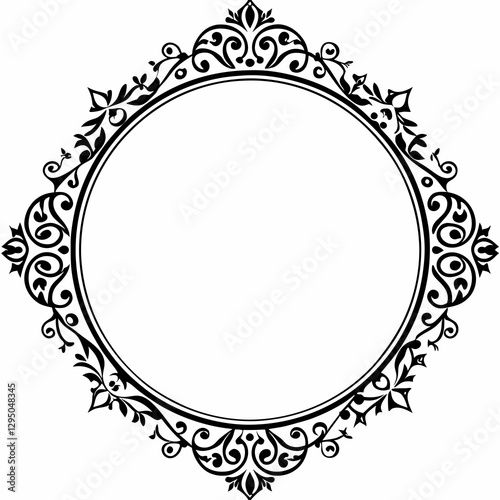 Elegant Circular Ornate Frame with Vintage Floral and Baroque Decorations in Black and White for Classic Design