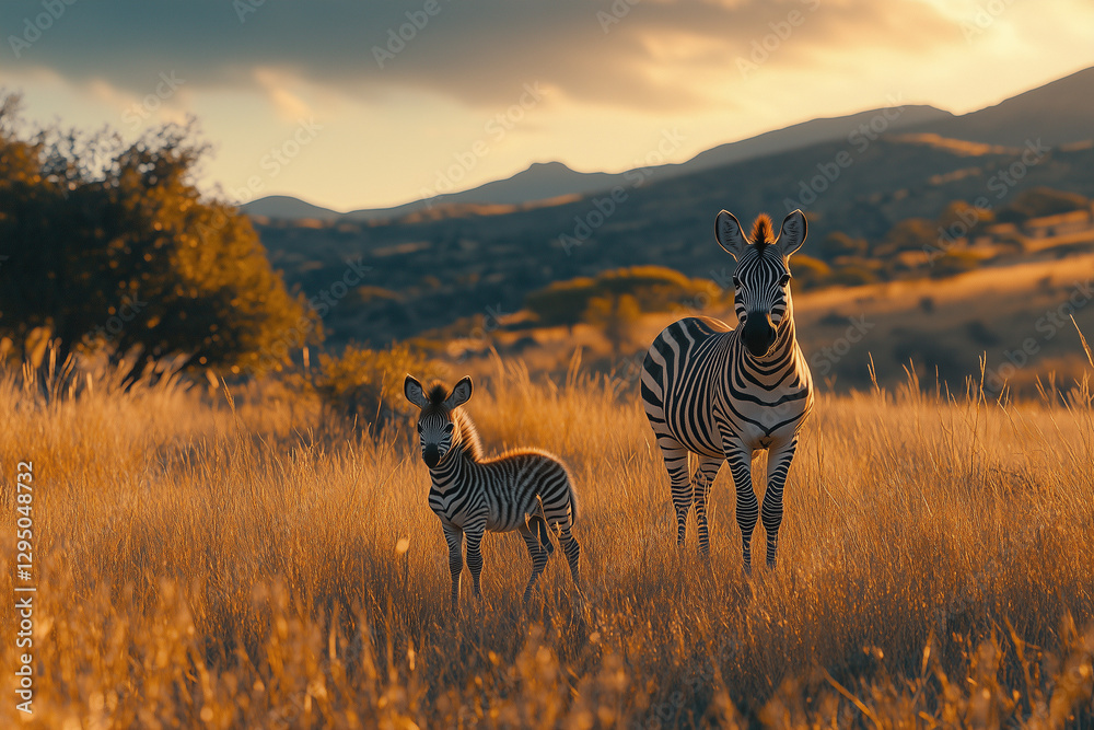 Naklejka premium Beautiful Zebra Mother and Baby Standing Together in the Vast Savannah Grassland: A Heartwarming Wildlife Scene Showcasing Parental Bond, Nature’s Beauty, and the Iconic Stripes of These Majestic Anim