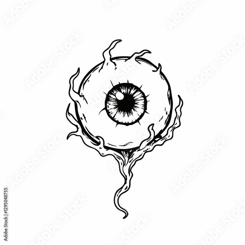 Creepy Floating Eyeball with Veins and Tentacle-Like Roots in Black and White – Gothic Horror Illustration