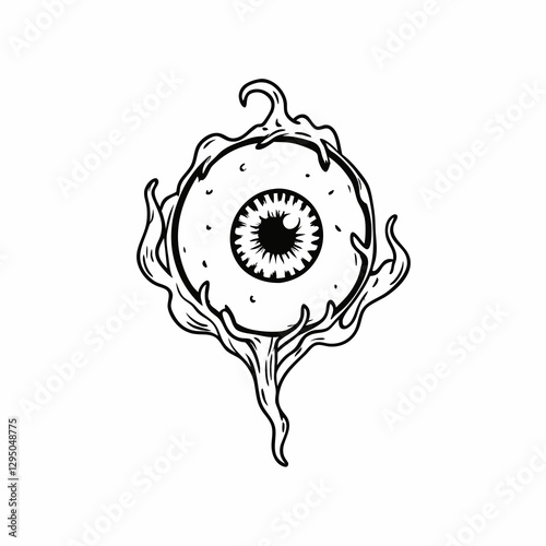 Creepy Floating Eyeball with Veins and Tentacle-Like Roots in Black and White – Gothic Horror Illustration